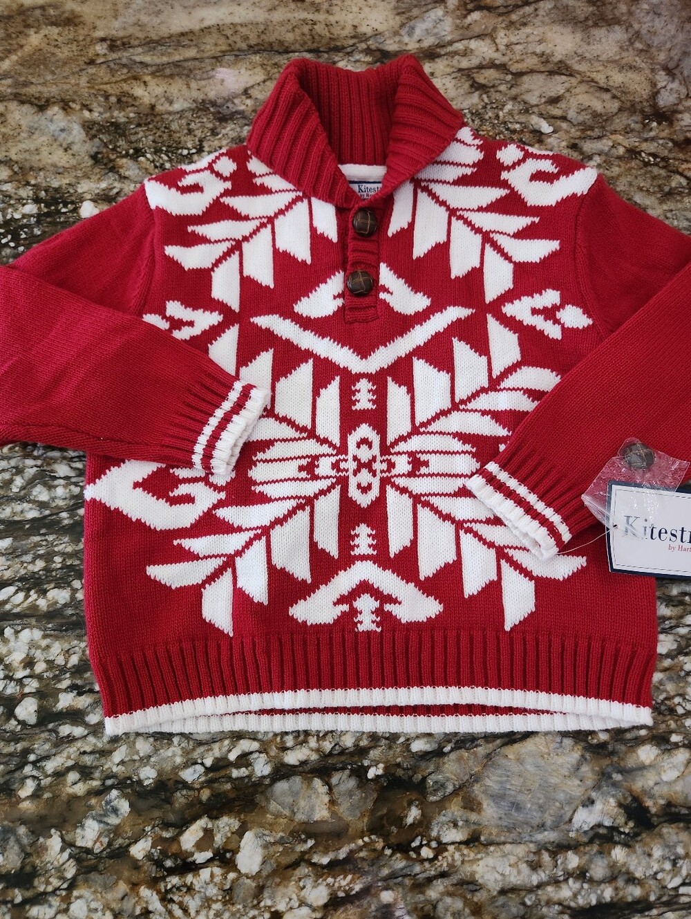 Red and White Fair Isle Shawl Collar Sweater - Kids
